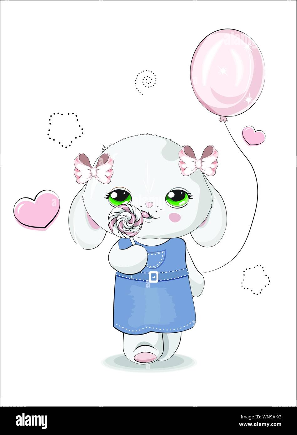 Das schöne Mädchen Honey Bunny, Kaninchen, in einer Jeans Kleid mit einem Ballon und Lutscher. Können für den t-shirt Druck verwendet werden, Kinder tragen Fashion design, Baby sh Stock Vektor