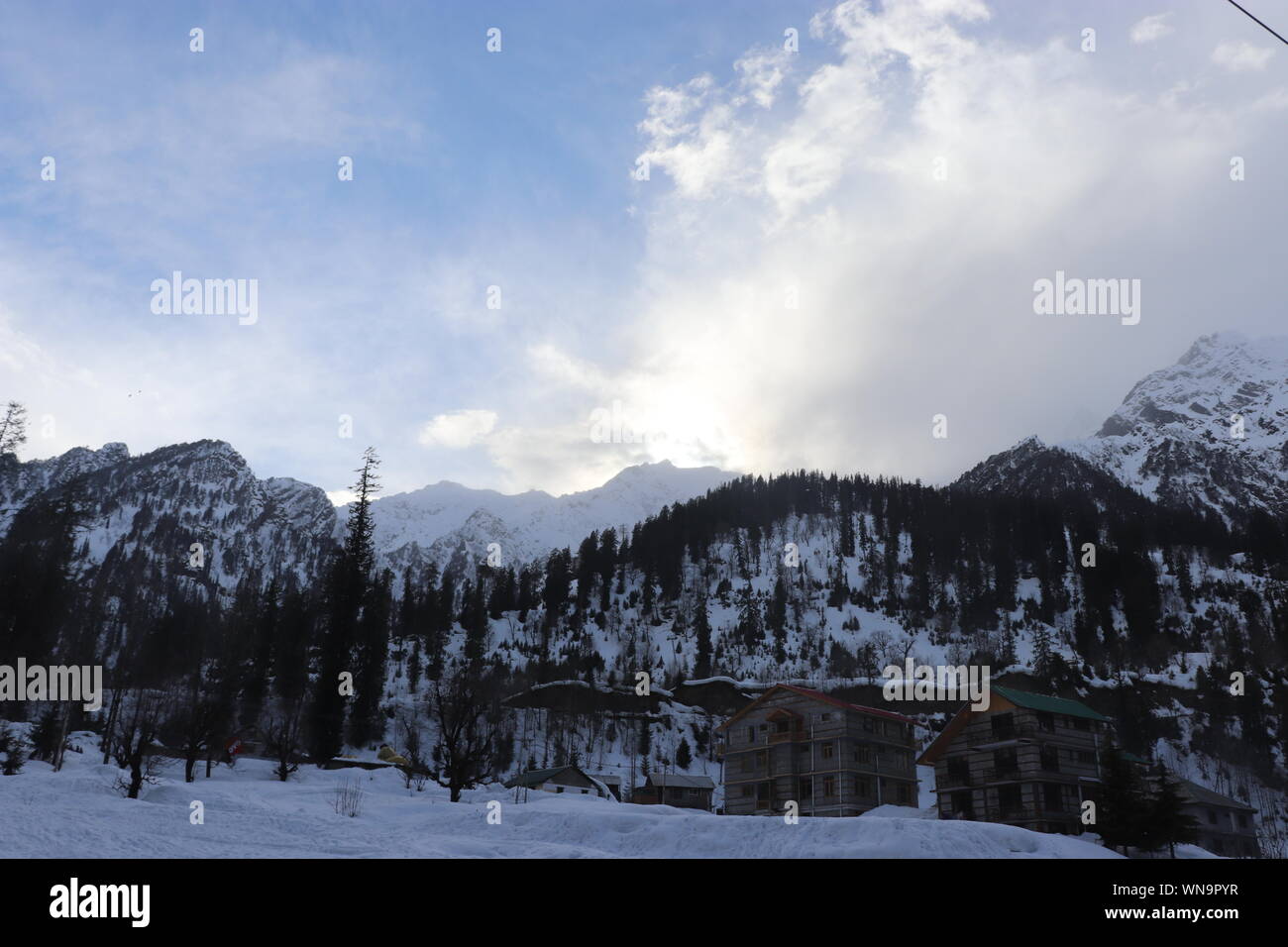 Schnee am Hügel mit Baum und Sky Bild wird in Manali Indien zeigen es erstaunlich natürliche Ansicht. Stockfoto