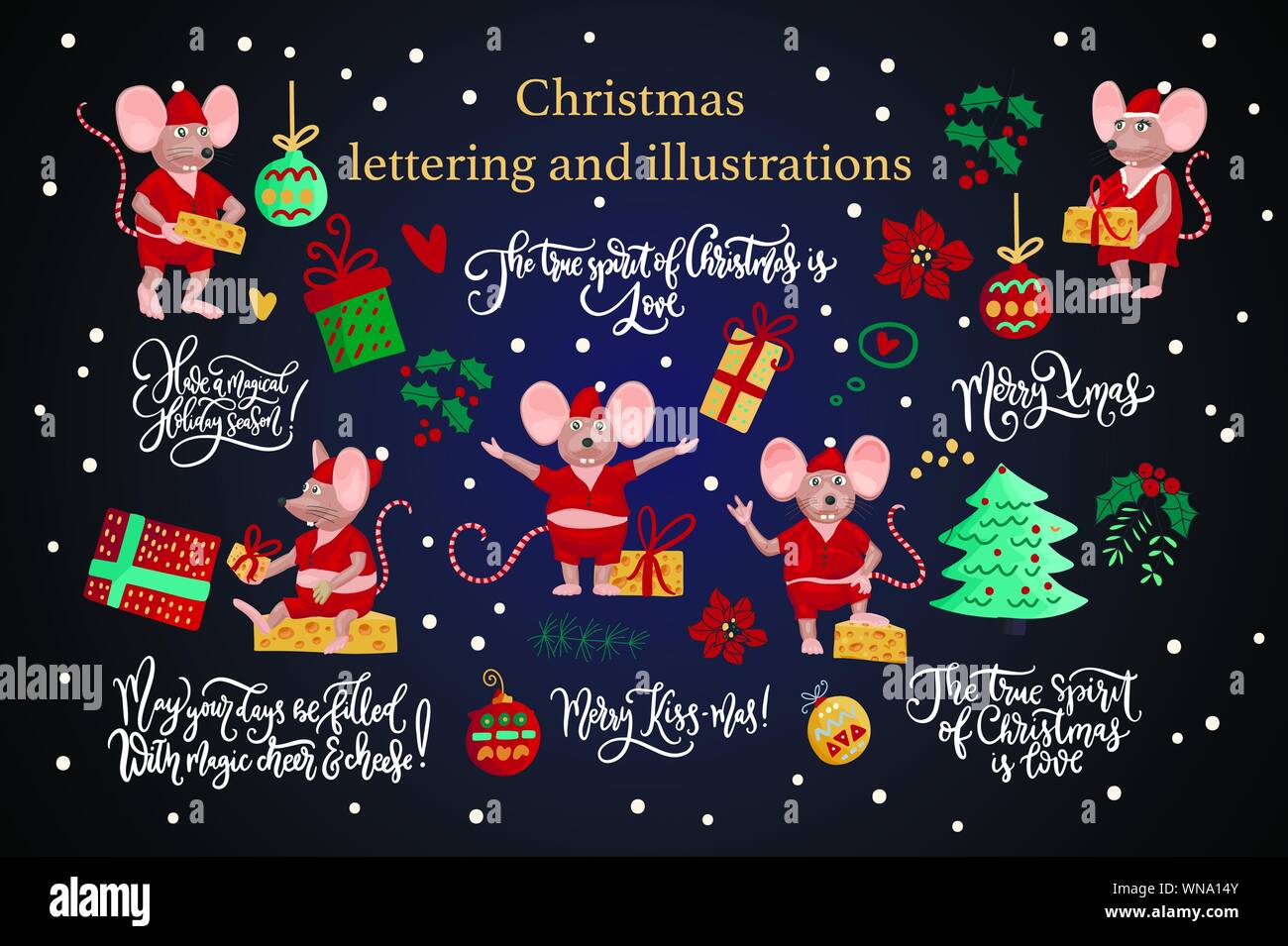 Flache Vektor einrichten der kleinen Maus mit Käse in verschiedenen Posen. Gruß an Weihnachten Illustrationen mit niedlichen Mäuse, Dekorationen und Schrift zitiert. Stock Vektor