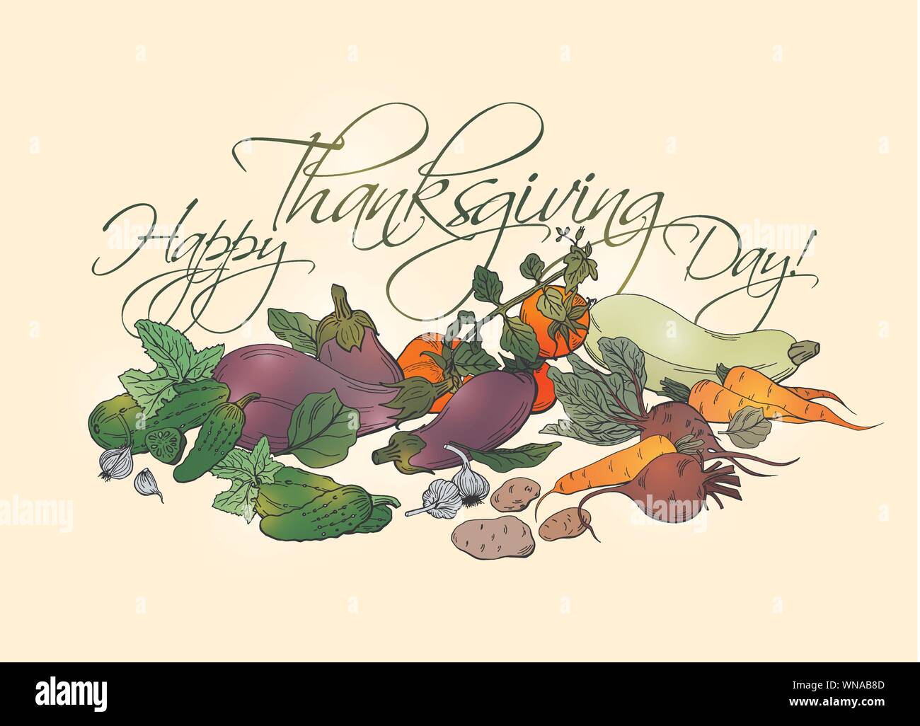 Happy Thanksgiving Day horizontale Poster mit verschiedenen Gemüsen. Superfood Illustration, Handgezeichnete farbige Skizze oder Cartoon Stock Vektor