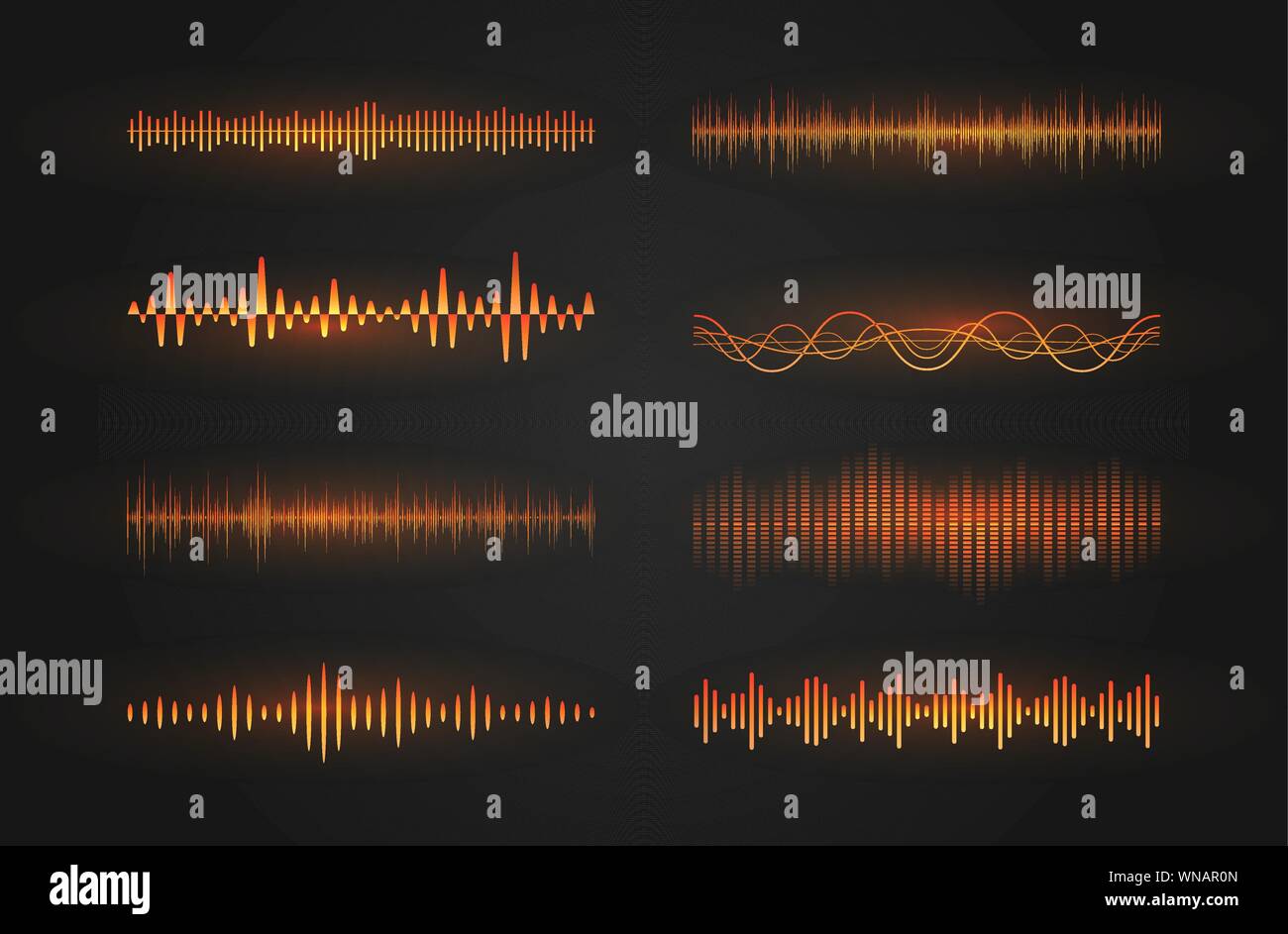 Schallwellen Icon Set. Leuchtende Linien der Darstellung eine Ton- oder Radio wave, Musik Equalizer oder digitale Elektrokardiogramm, GUI-Design element Vorlage. Isoliert Stock Vektor