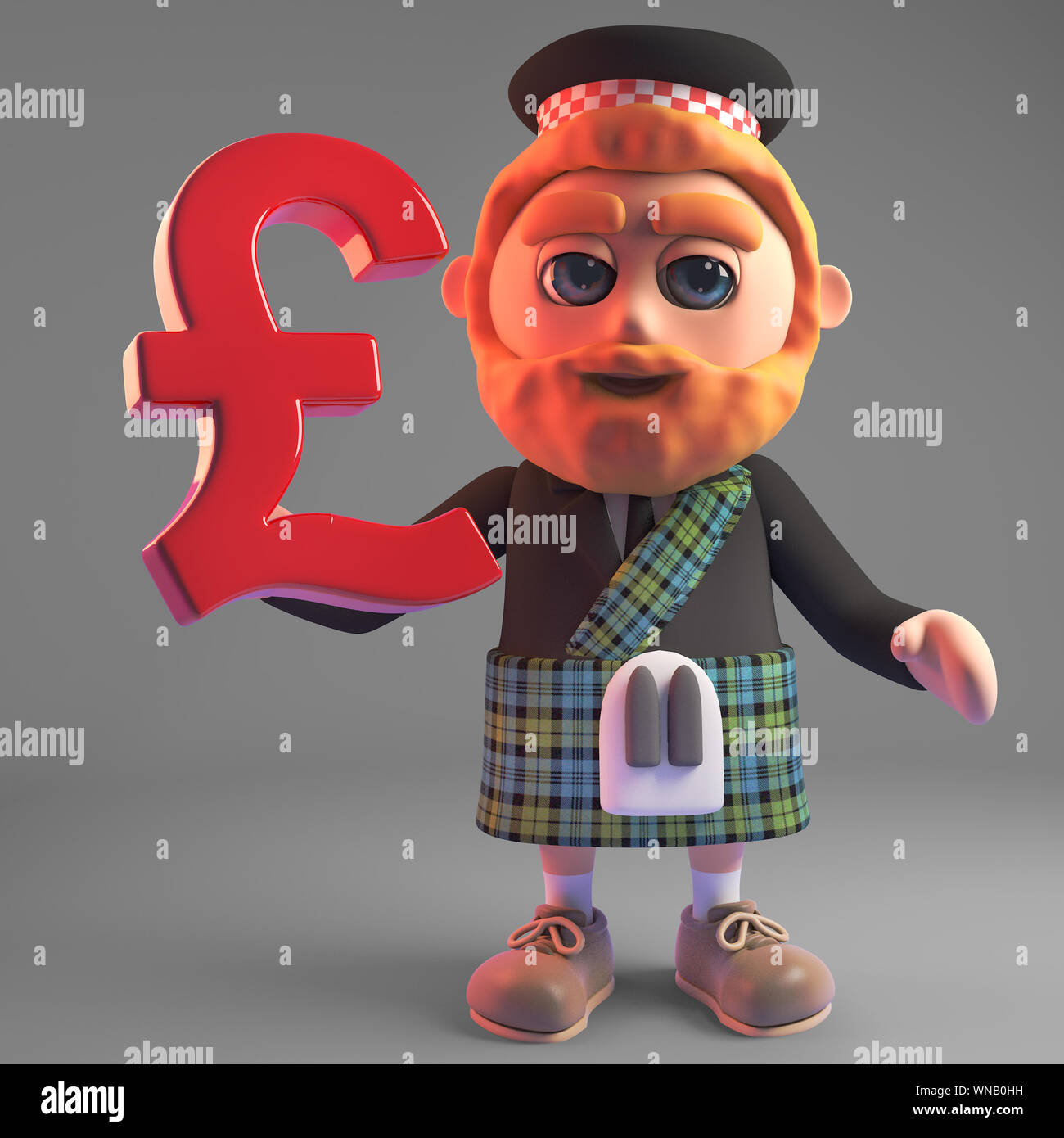 Cartoon 3d-bärtigen Schotte im Kilt Holding eine britische Pfund Währungssymbol, 3d-Grafik rendern Stockfoto