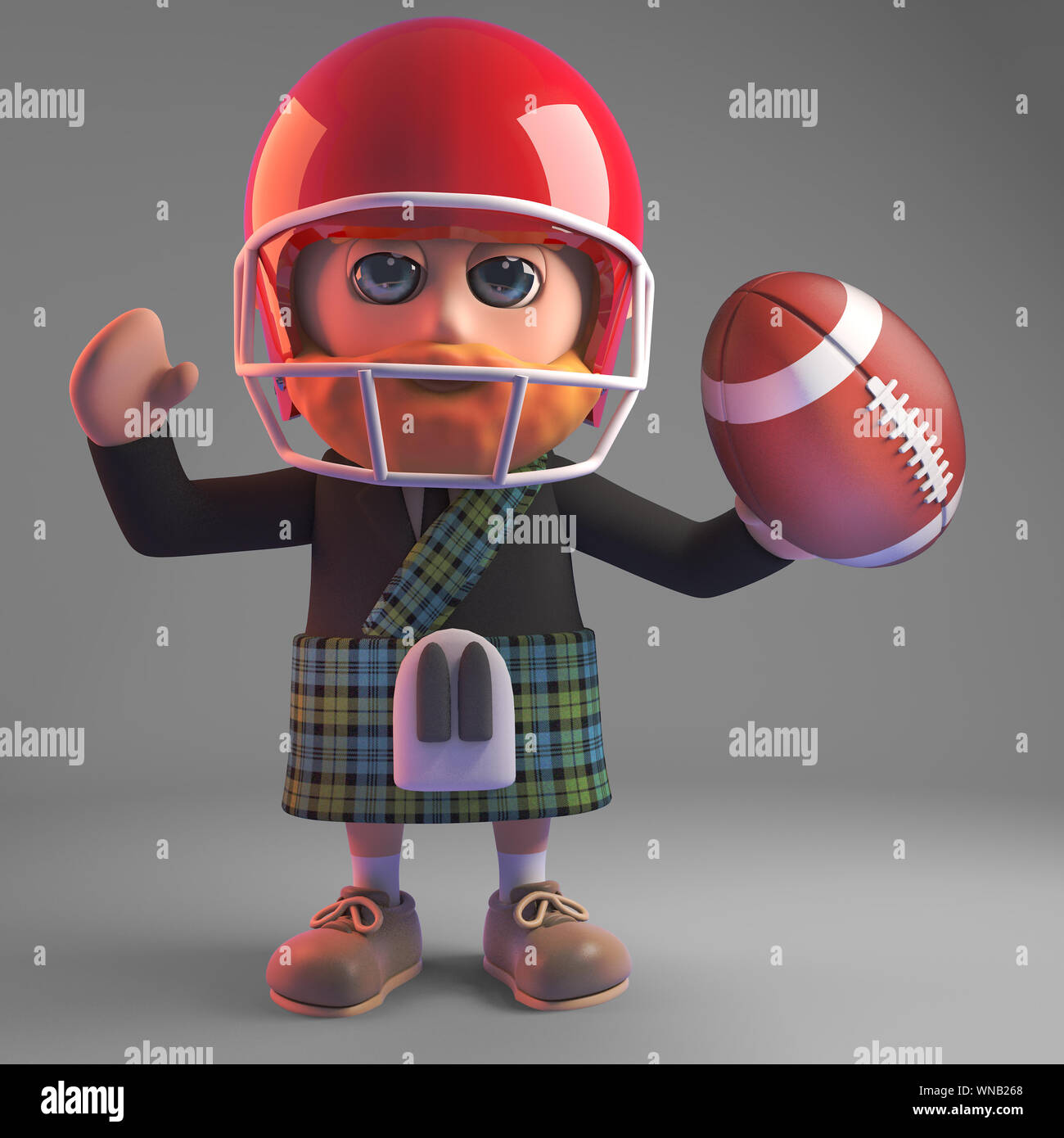 Cartoon 3d-Schotte im Kilt spielen American Football, 3d-Grafik rendern Stockfoto