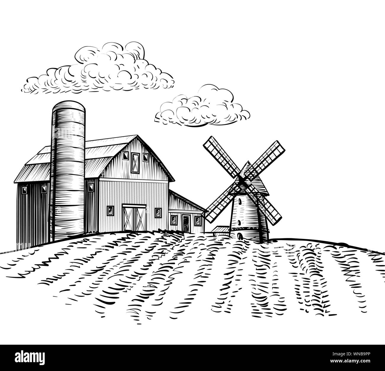 Windmühle auf landwirtschaftlichen Bereich auf dem Hintergrund Bäume und ländliche Landschaft hand gezeichnete Skizze stil Abbildung. Schwarze und weiße ländlichen Bauernhof Landschaft Vektor Bild Stock Vektor