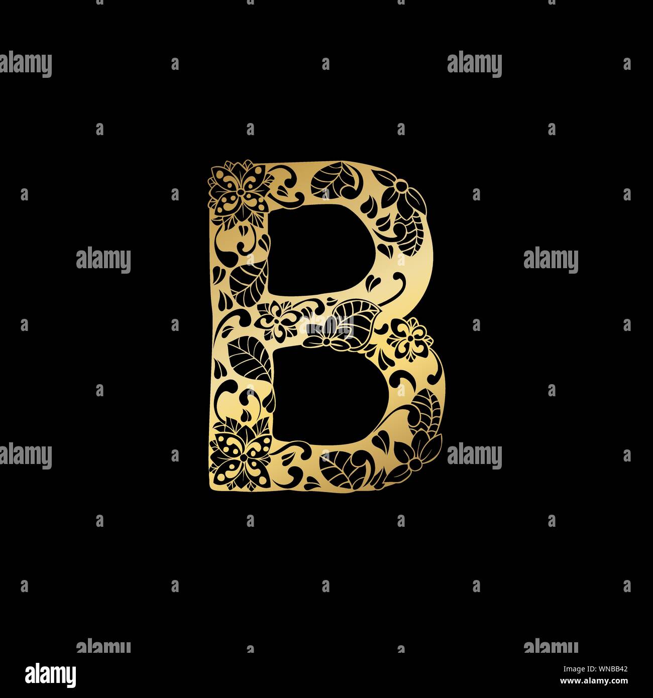 Goldene Blumen Zierpflanzen Alphabet, Anfangsbuchstabe B Font. Vektor Typografie Symbol für Gold Hochzeit und Monogramme isoliert Ornament Design auf schwarzem Hintergrund Stock Vektor