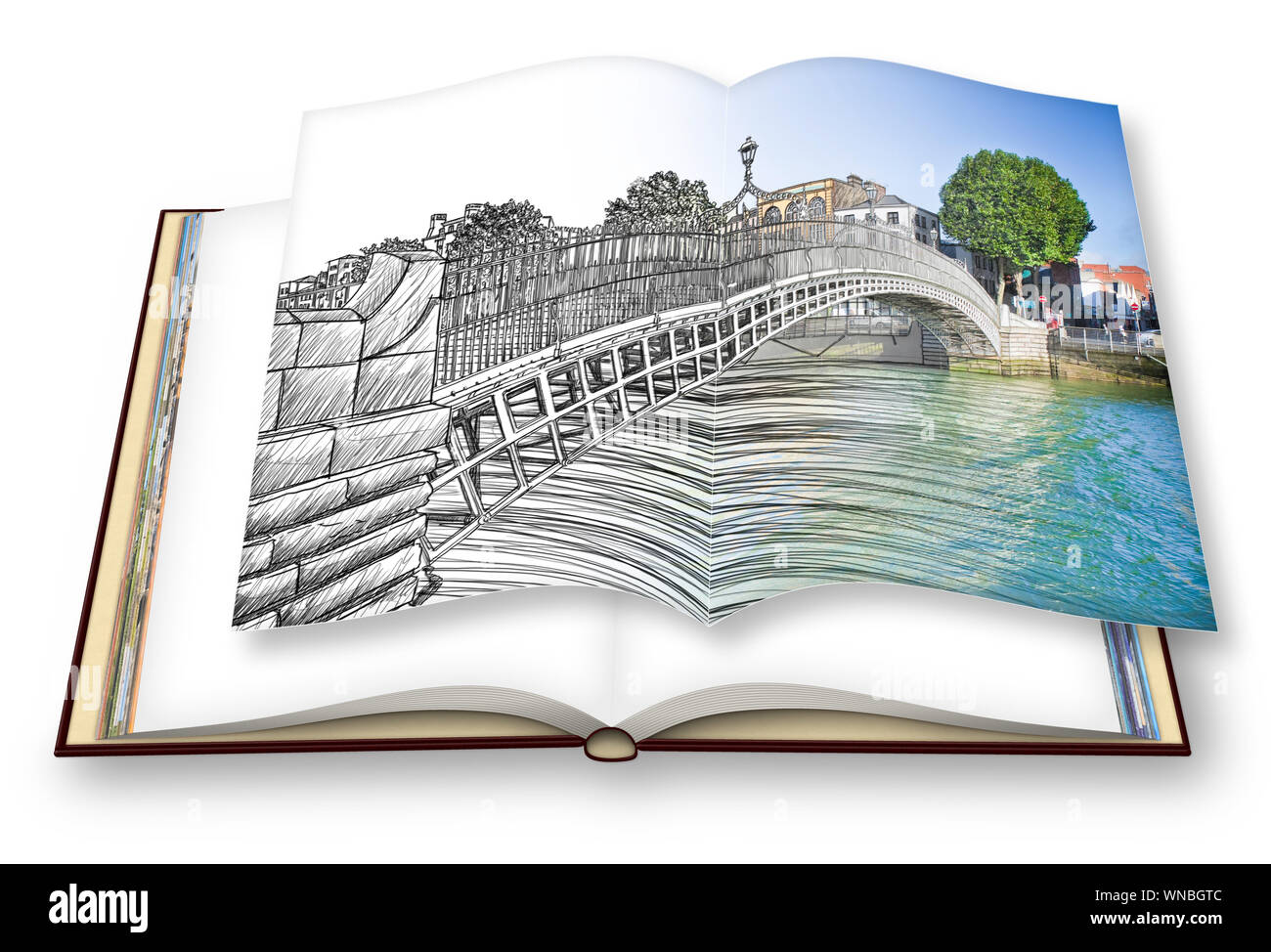 Die berühmteste Brücke in Dublin namens "Half Penny Bridge' - freehand Skizze Konzept Bild - 3D-Render eines geöffneten Foto Buch - ich bin das Urheberrecht ow Stockfoto