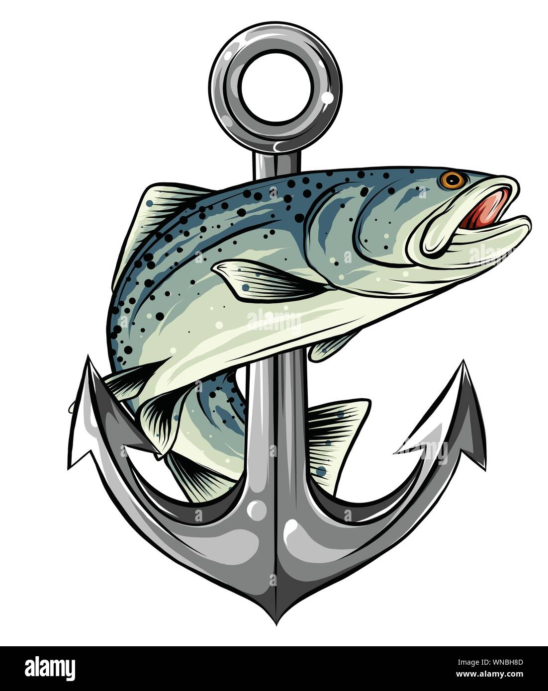 Anker und Fische vector Abbildung: Weißer Hintergrund Stock Vektor