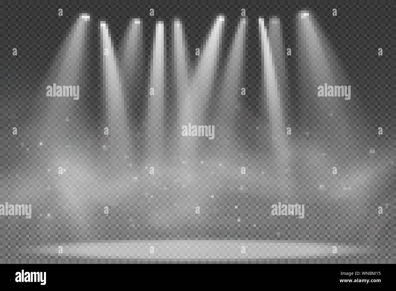 Strahler auf transparentem Hintergrund isoliert. Flutlicht für das Podium. Licht Effekt für eine Disco. Rauch mit glühenden Partikeln. Grand zeigen. Vektor i Stock Vektor