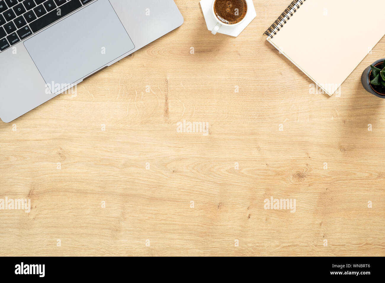Moderne Holz- büro Schreibtisch Tisch mit Laptop, Papier notepad, sukkulente Pflanze, Kaffee Tasse. Ansicht von oben mit der Kopie Raum, flach. Feminine workspa Stockfoto