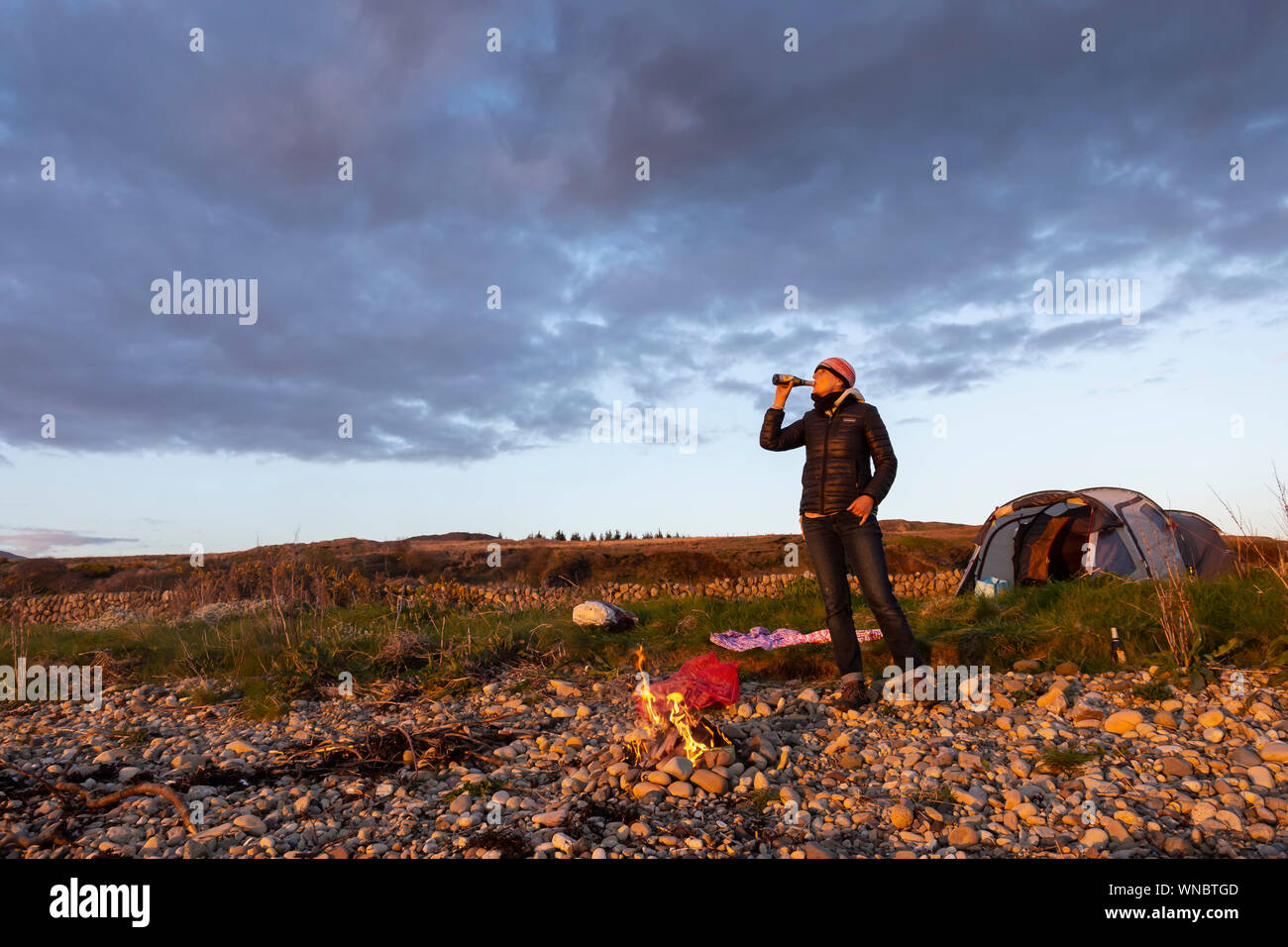 Frau trinkt Bier, während wild Camping in Arran Stockfoto