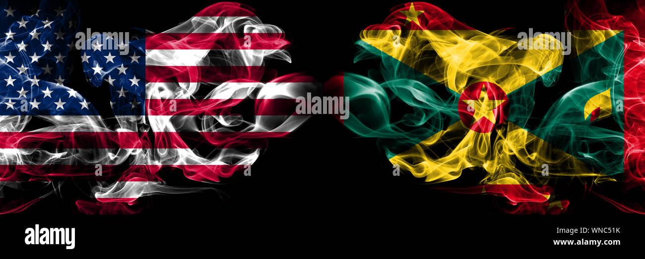 Vereinigte Staaten von Amerika, USA vs Grenada Hintergrund abstrakte Konzept Frieden flags raucht. Stockfoto