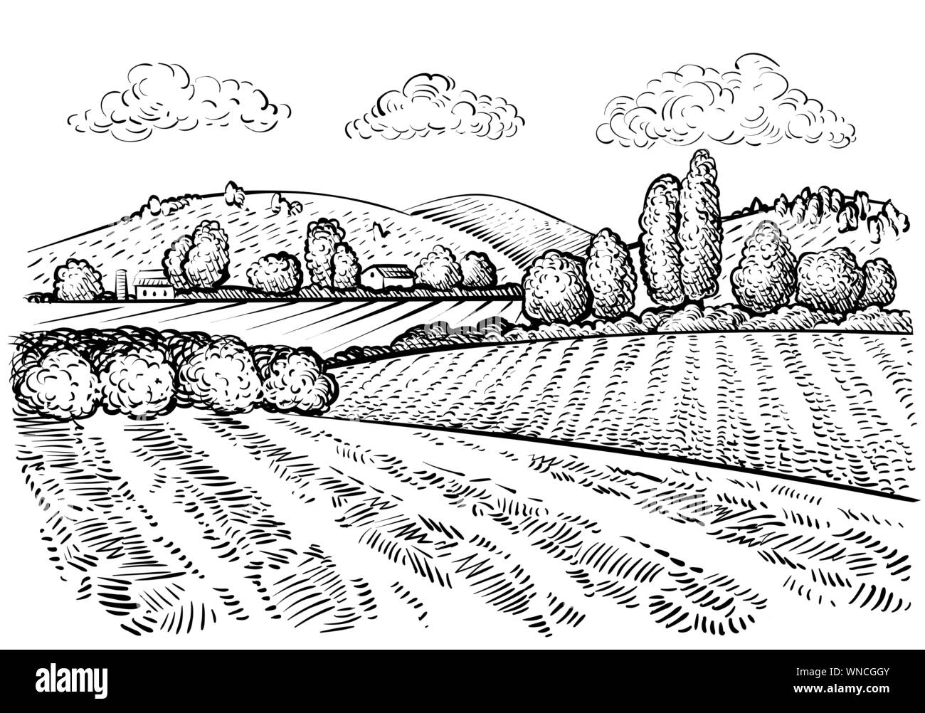 Ländliche Landschaft, handdrawn inked Skizze stil Abbildung. Hand zeichnen Abbildung: Outdoor natürliche malerische. Landwirtschaftlichen Hof und Feld. Vektor monochrom Übersicht Bild Stock Vektor