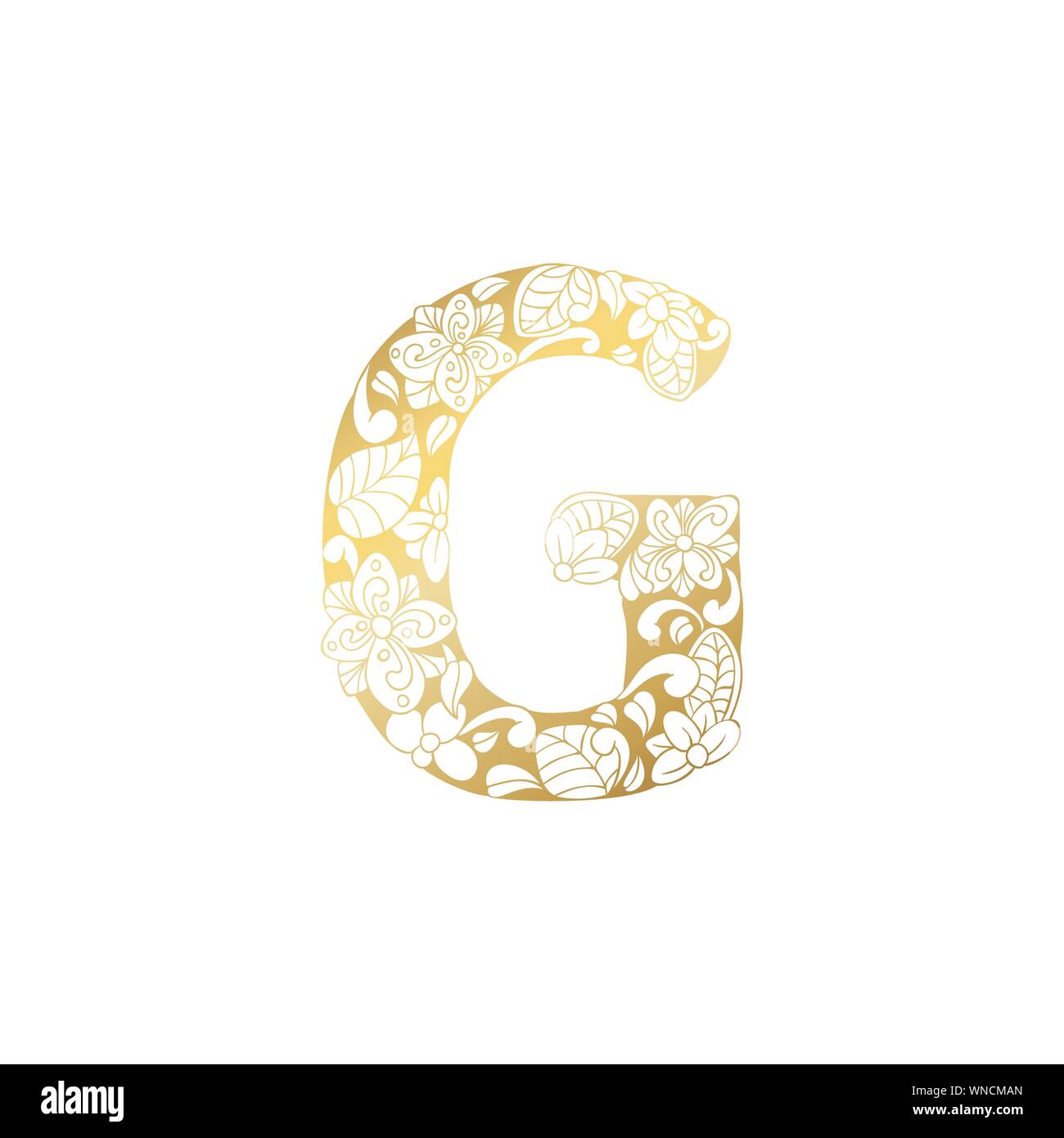 Goldene Blumen Zierpflanzen Alphabet, Anfangsbuchstabe G Font. Vektor