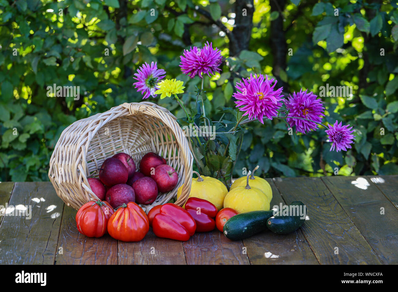 Herbst Stillleben mit Äpfeln, Tomaten, Paprika Stockfoto