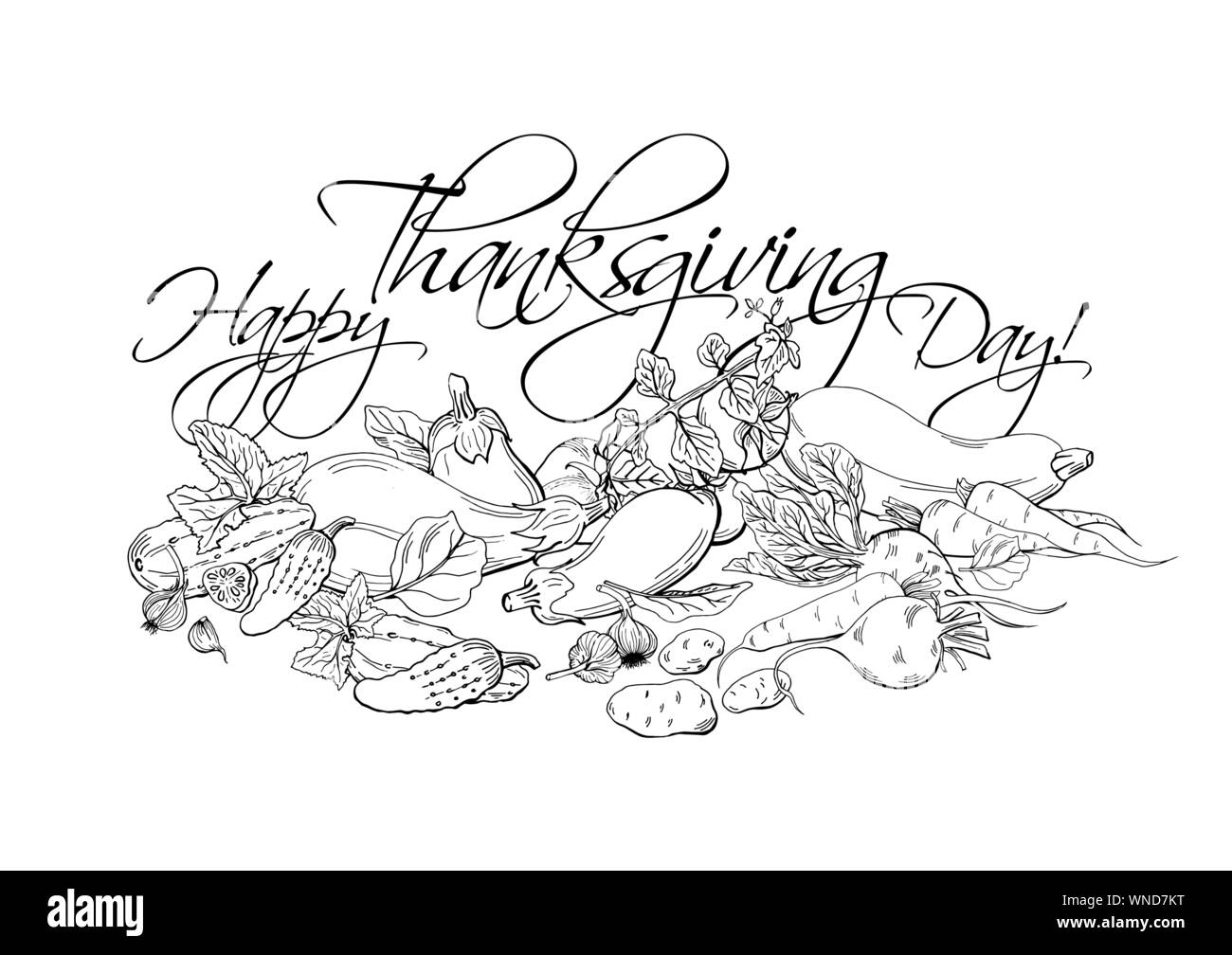 Happy Thanksgiving Day horizontale Poster mit verschiedenen Gemüsen. Superfood Illustration, handgezeichnete Skizze für malbuch Seite Design Stock Vektor