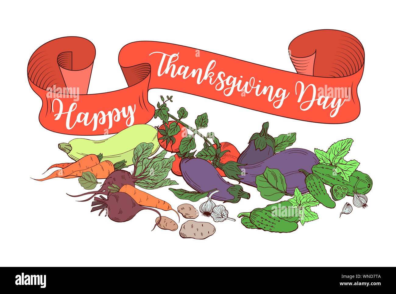 Happy Thanksgiving Day poster Vorlage mit verschiedenen Gemüsen und vintage Ribbon. Superfood Abbildung mit rotem Band ans Wünsche für Urlaub Stock Vektor