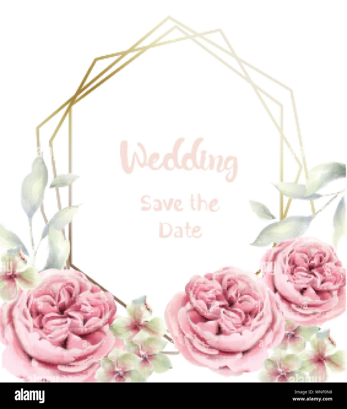 Pfingstrose Blüten Karte Vektor Aquarell. Zart rosa blumenmuster Frame Stock Vektor