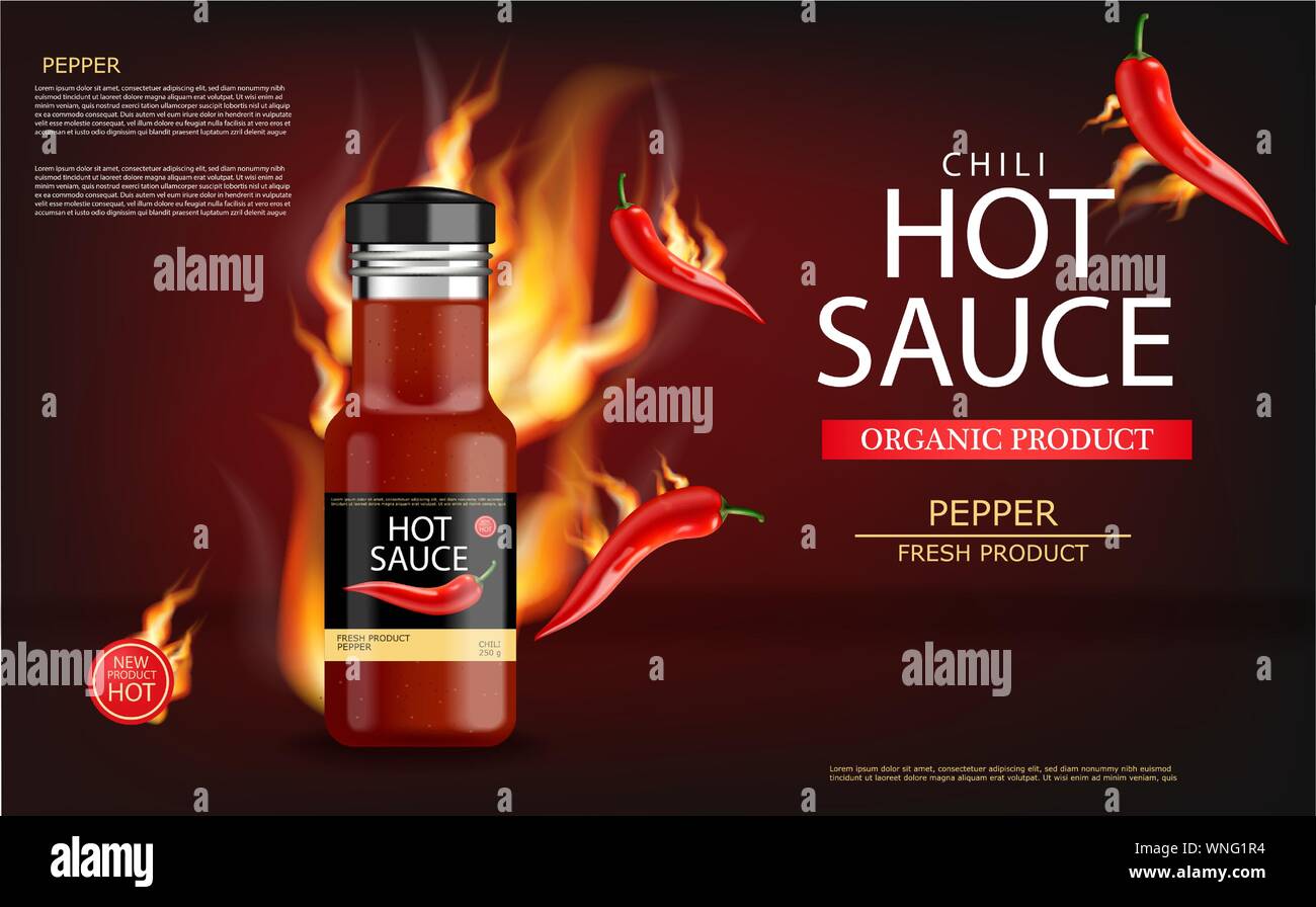 Hot Chili Sauce auf Feuer Vektor realistisch. Product placement Mock up Flasche. Label Design werben 3 Abbildung d Stock Vektor