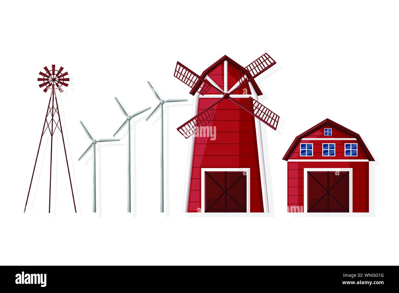 Windmühle und Farm House Set Vector Flat Style Collection Stock Vektor