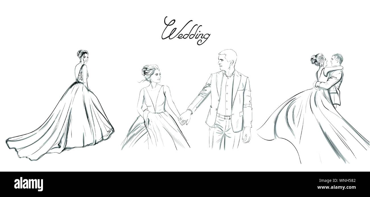 Hochzeit paar Vektor line Art. Braut silhouette Vintage Style. Schönes langes Kleid. Vorlage für Karte Stock Vektor