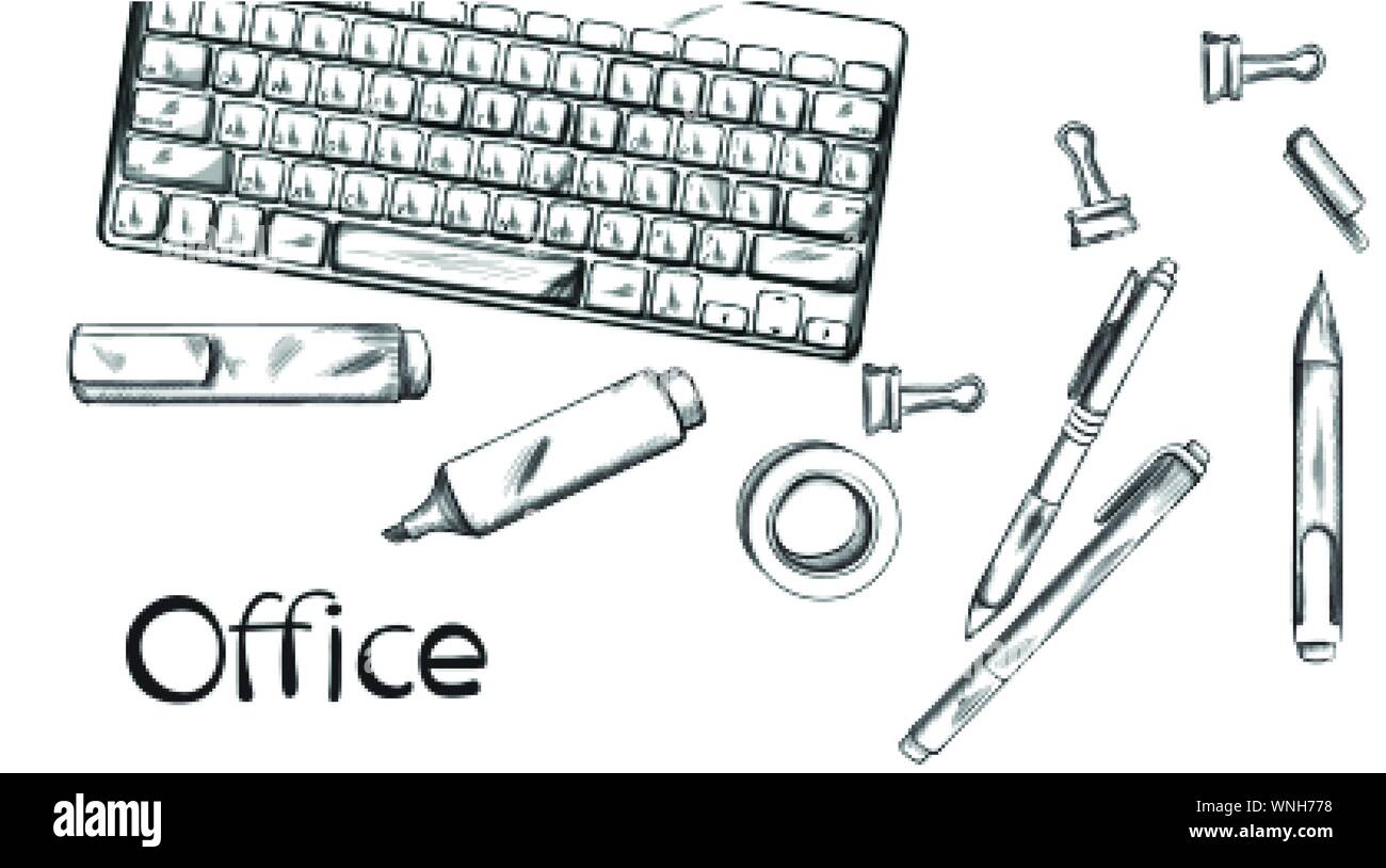 Büro Schreibtisch Vektor banner Line Art. Tastatur und Stifte Silhouetten. Grafische Vorlage Poster Stock Vektor