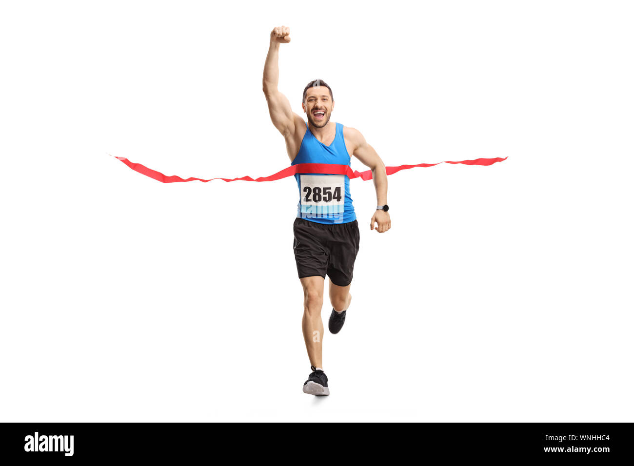 In voller Länge Porträt eines Mannes beendete ein Marathon und deutete mit der Hand auf weißem Hintergrund Stockfoto