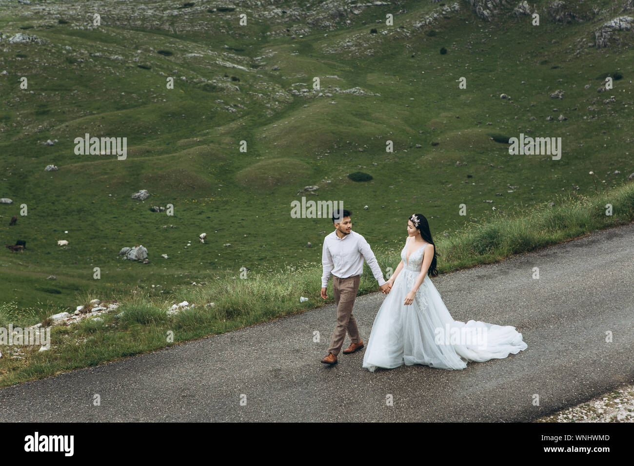 Die Braut und der Bräutigam werden auf der Straße in den Highlands. Hochzeit in den Bergen. Stockfoto