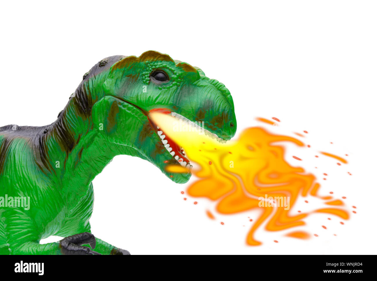 Nahaufnahme eines Spielzeugs Drache spuckt Feuer, isoliert und auf einem weißen Hintergrund Schuß Stockfoto