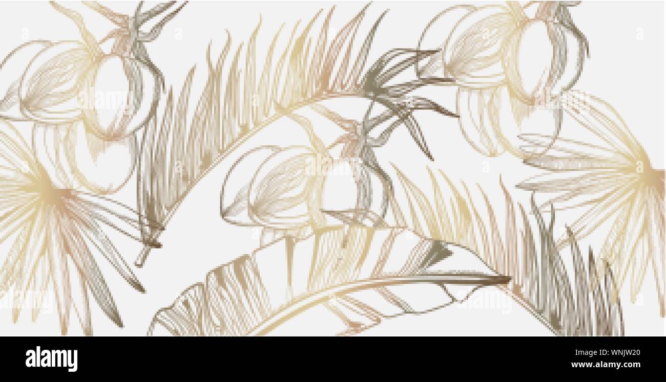 Palm Blätter pattern Golden tropic Vektor line Art. Sommer Poster exotische Dekoration Stock Vektor