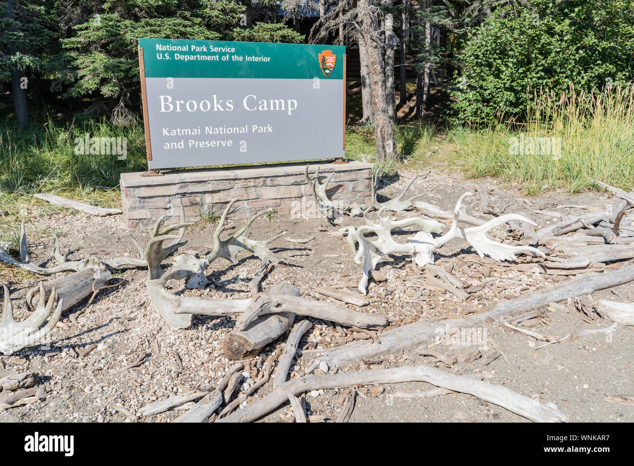 Brooks Camp willkommen anmelden, indem Geweih im Katmai Alaska umgeben Stockfoto