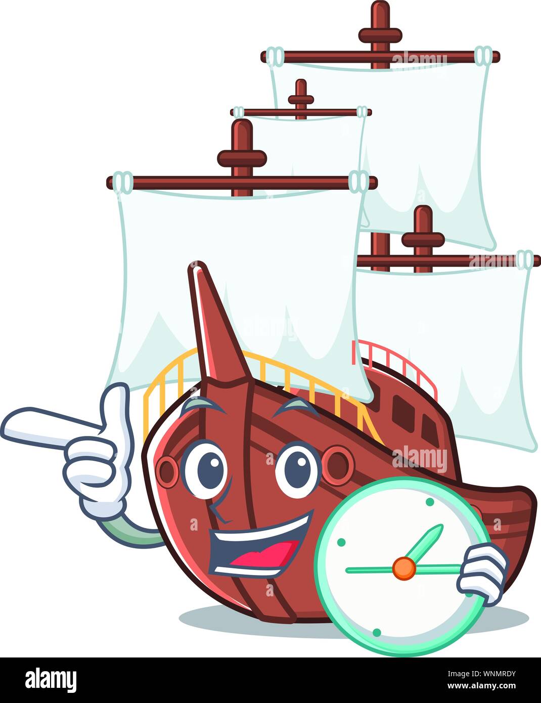 Mit Uhr miniatur Piratenschiff Cartoon auf Tabelle Stock Vektor Mit Uhr miniatur Piratenschiff Cartoon auf Tabelle Stock Vektor