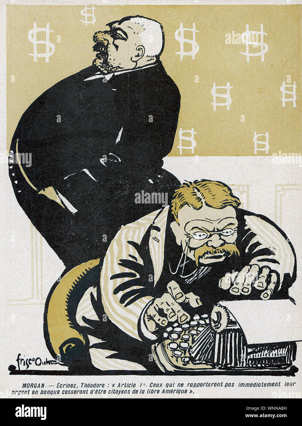 JOHN PIERPOINT MORGAN amerikanische Finanzier und Banker in einem satirischen Karikatur zeigt ihn diktiert Präsident Theodore Roosevelt Stockfoto