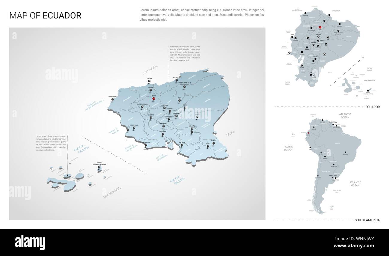 Vektor einrichten von Ecuador Land. Isometrische 3d-Karte, Ecuador, Südamerika Karte - mit Region, Staat Namen und Städtenamen. Stock Vektor