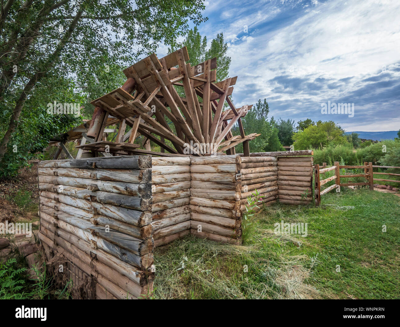 Wasserrad, John jarvie Historisches Anwesen, Braun Park, Utah. Stockfoto