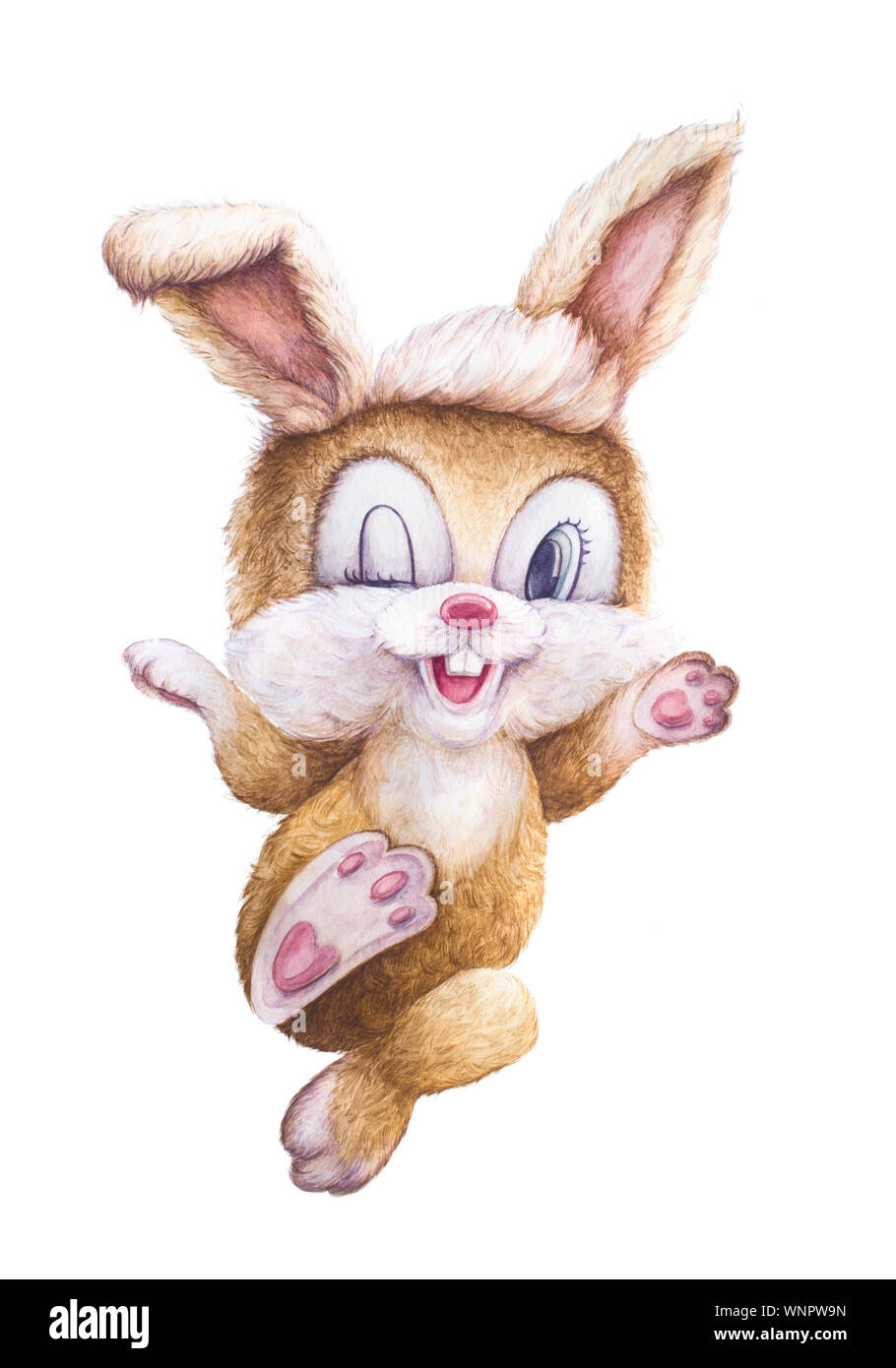 Aquarell Tier. Kaninchen glücklich lächelnd. Bunny wer zuzwinkert. Kinder Persönlichkeit. Neugeborene kunst Geschenk. Druckqualität. Weißer Hintergrund. Illustration für Kinder Stockfoto