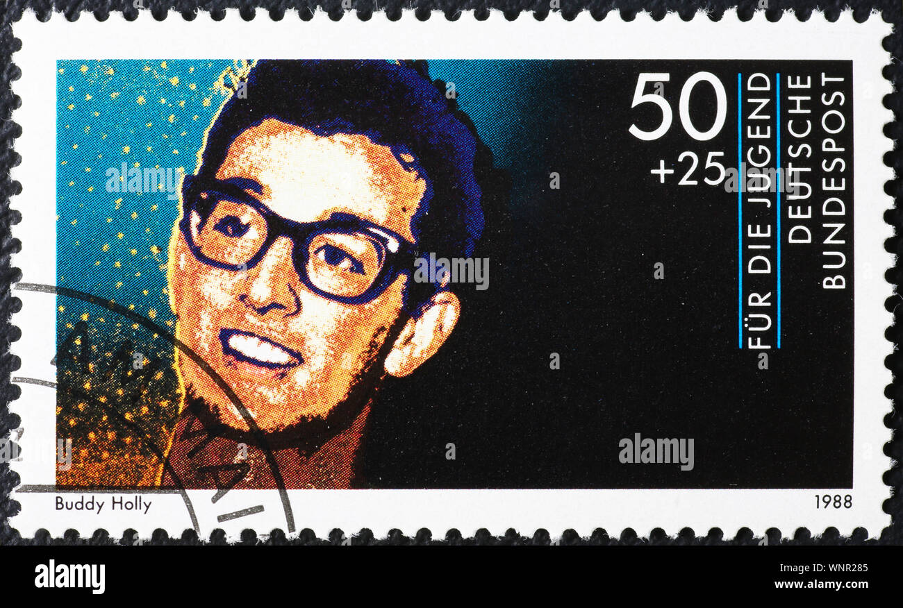 Buddy Holly Portrait auf deutschen Briefmarke Stockfoto