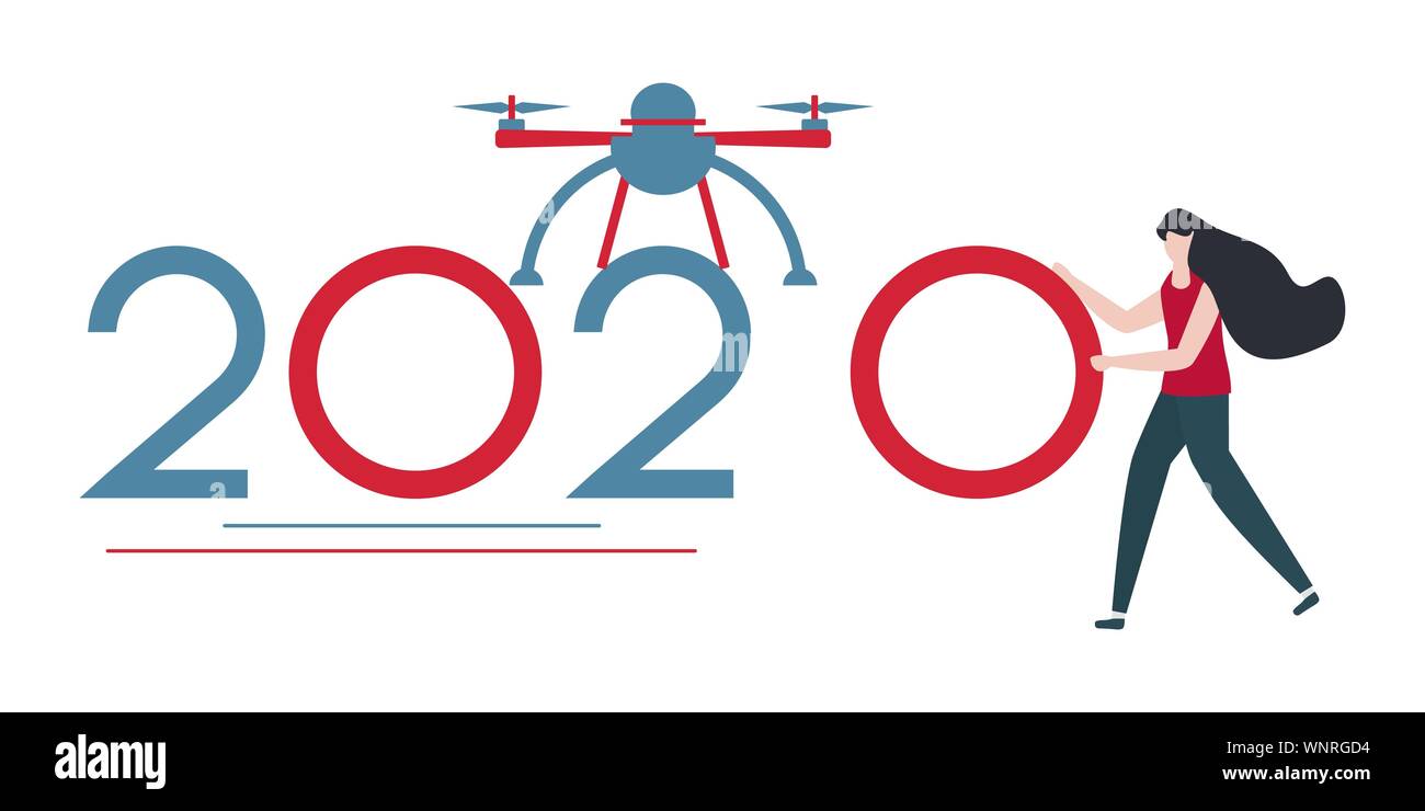 Vector Illustration. Drone und bringen Menschen Zahlen für 2020. Neues Jahr Hintergrund. Design für Webseiten, Präsentationen, drucken. Stock Vektor