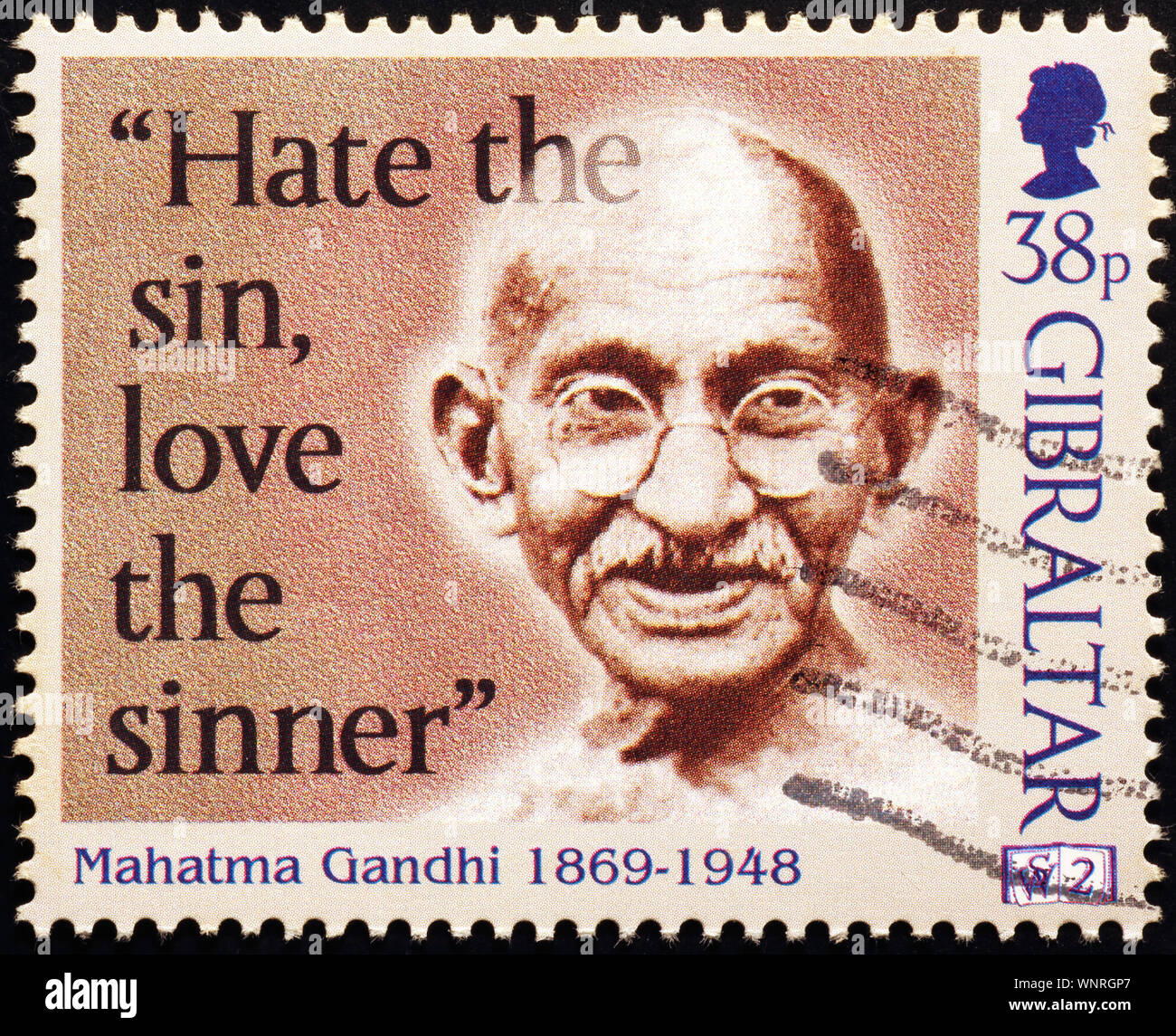 Mahatma Ghandi auf Briefmarke von Gibraltar Stockfoto