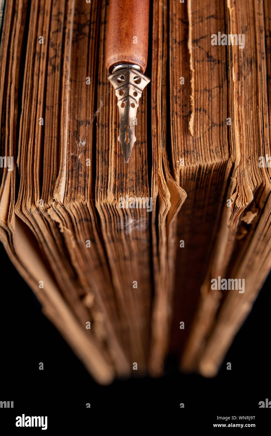 Alte Schrift - nib auf dem Hintergrund eines alten Buches. Zubehör für alte Briefe schreiben. Der dunkle Hintergrund. Stockfoto