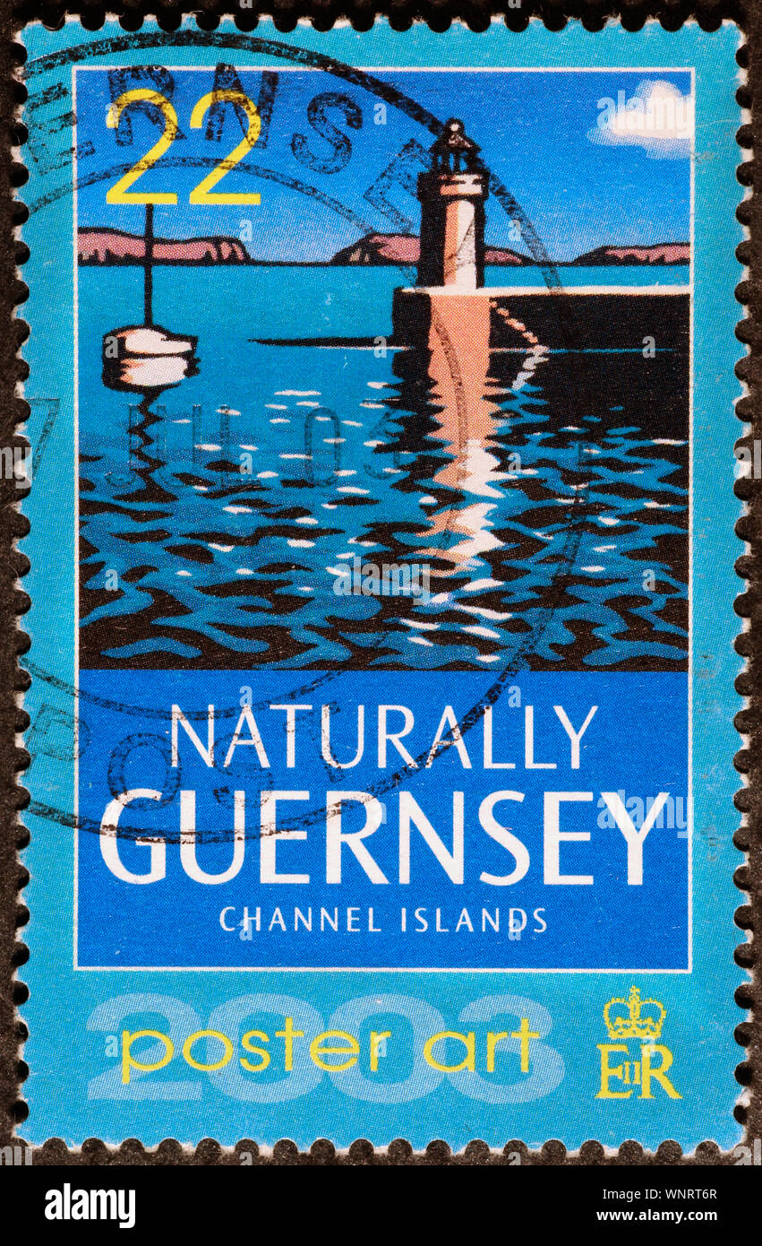 Poster Förderung Guernsey Insel auf britische Briefmarke Stockfoto