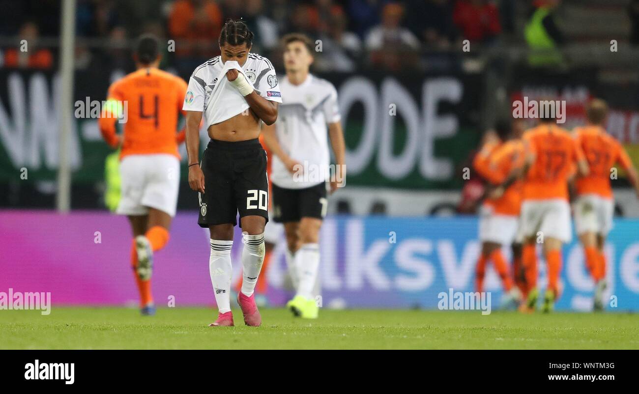 Firo: 06.09.2019 Fußball Fußball:, 2019/2020 EURO: EM Qualifikation: Nationalmannschaft Deutschland - Holland, Niederlande 2:4 SERGE GNABRY ERSETZT TOR 3:2 | Verwendung weltweit Stockfoto