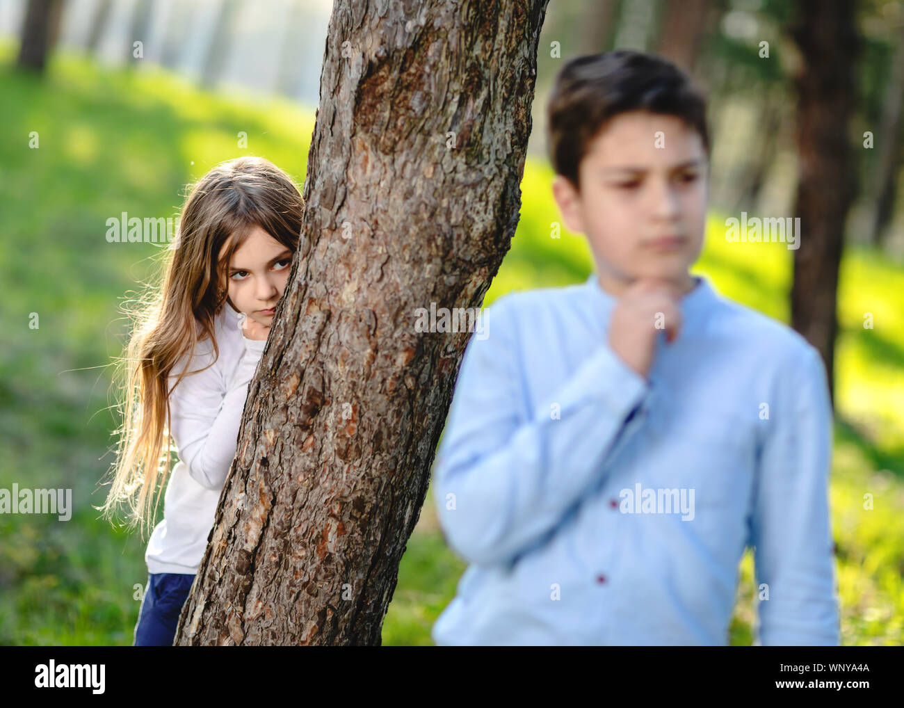 Junge und Mädchen spielen Verstecken und im Park suchen. Mädchen beobachten auf Freund. Mädchen versteckt sich hinter dem Baum und lauern auf Jungen. Stockfoto