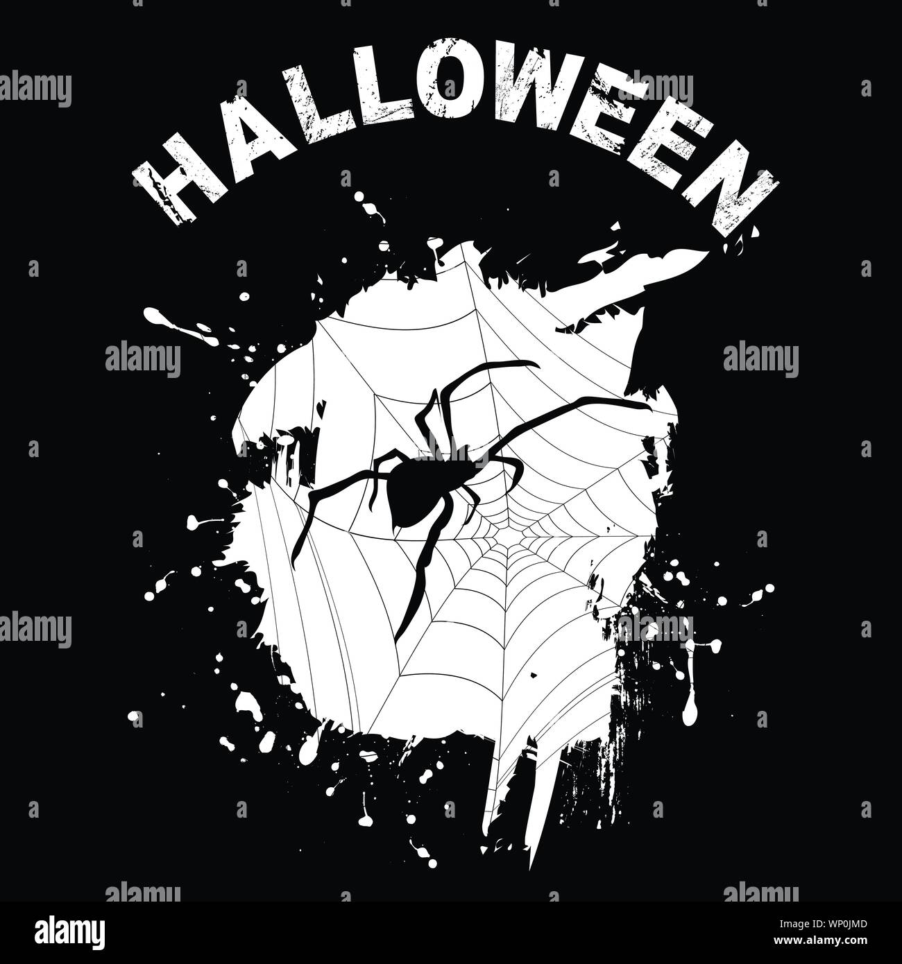 Schwarz Halloween Hintergrund mit Grunge Web und Spooky Spider Silhouette Stock Vektor