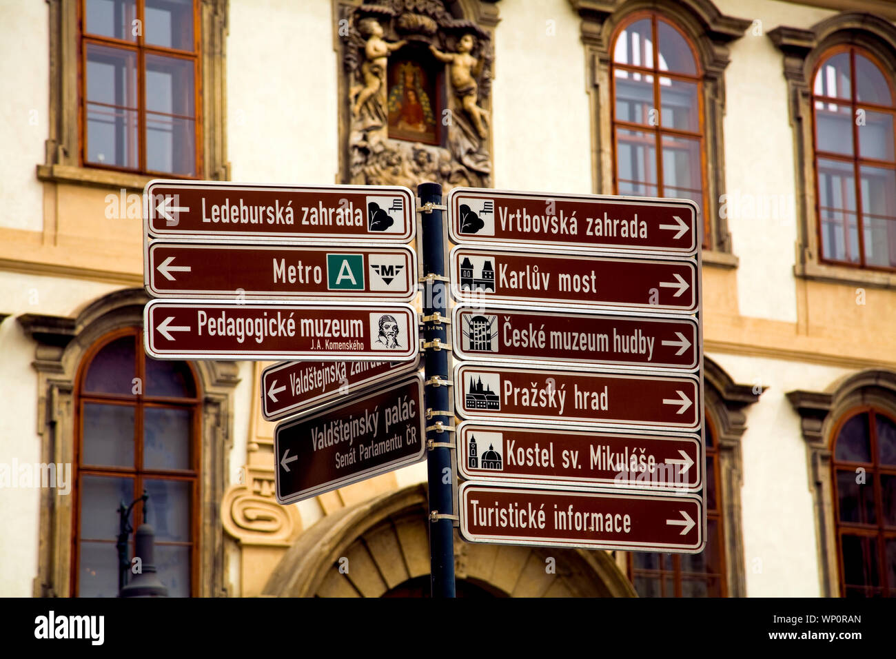 Street Sign anzeigen Beliebte Attraktionen in Prag in der Tschechischen Republik. Stockfoto