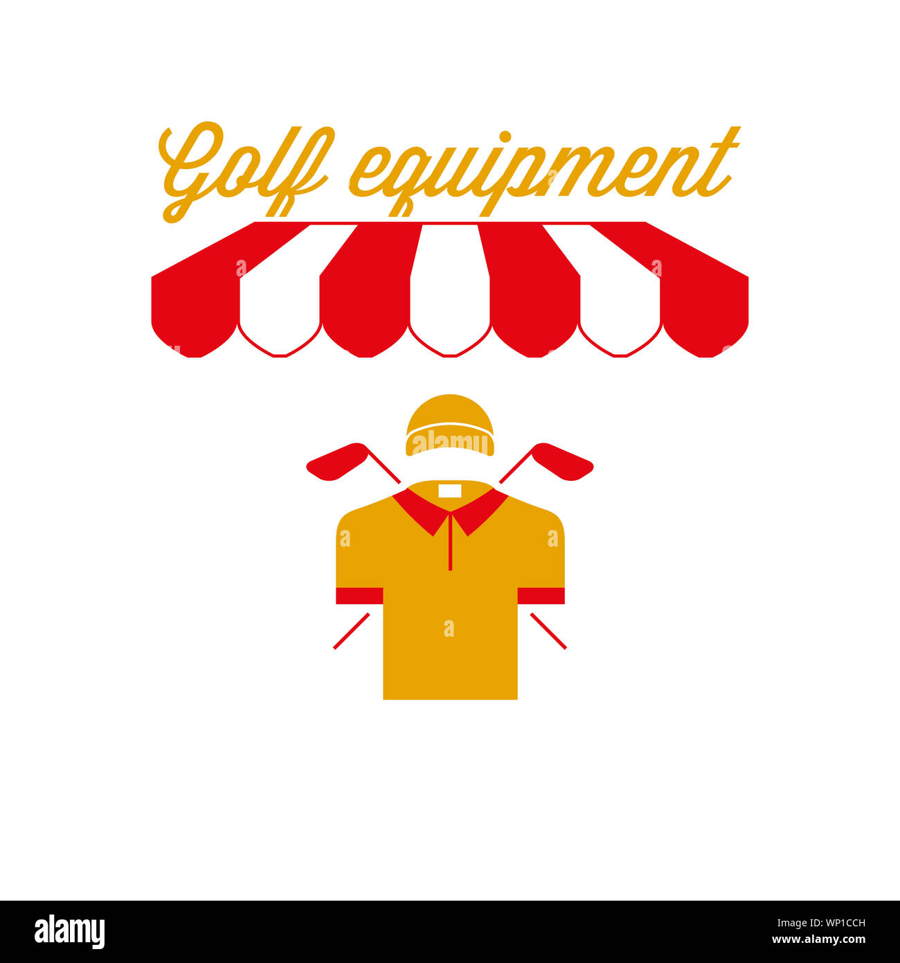 Golfausrüstung Zeichen, Emblem. Rot-weiß gestreiften Markise Zelt. Polo Shirt, Golf Club Symbol. Goldene und rote Farben. Flache Darstellung. Stockfoto
