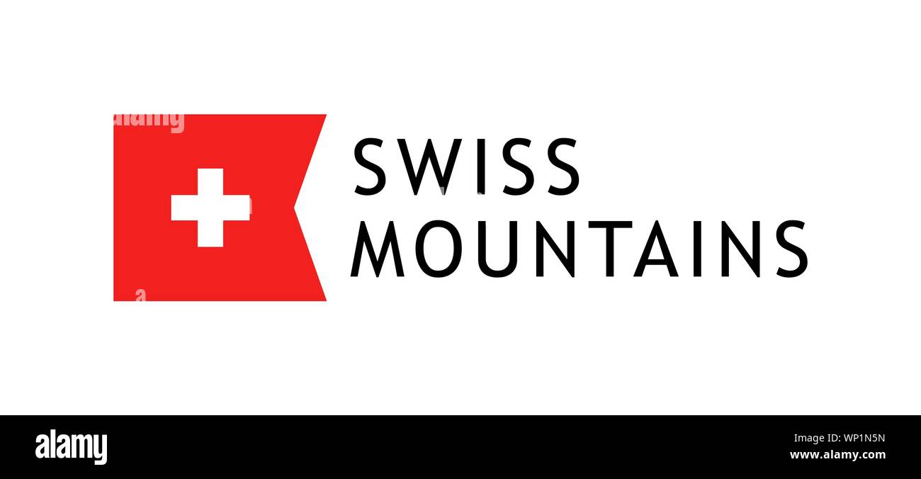 Logo Template für Touren Berge Schweizer, Vektor liebenswerte verständliche Darstellung mit National Flagge der Schweiz isoliert auf weißem backgroun Stock Vektor