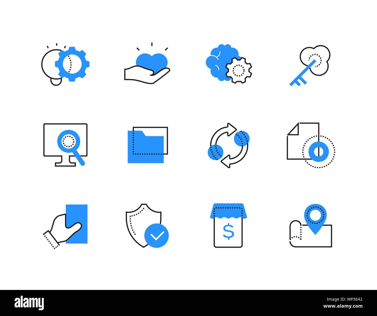 Moderne Technologie Color Line Symbole gesetzt. Mobile Shopping, Internet-Sicherheit, Cloud Storage und Dateien Synchronisation Symbole. Computer mit herrlichen Stock Vektor