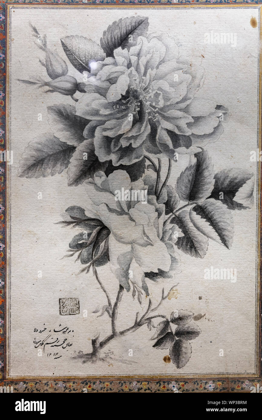 Rose Blume, schwarze Tinte Malerei, 1799, Museum der islamischen Ära, das Nationalmuseum des Iran, Teheran, Iran Stockfoto