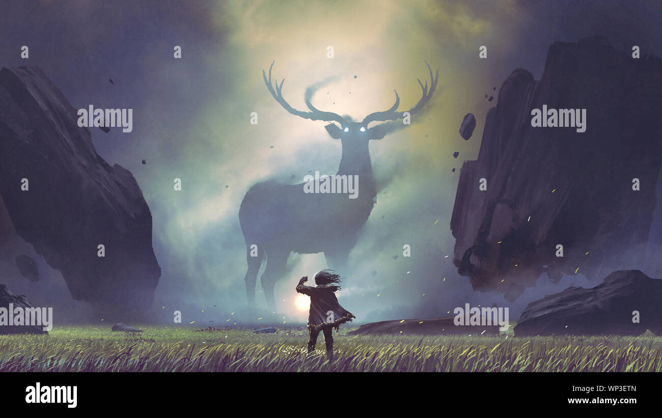 Der Mann mit einer magischen Laterne mit Blick auf den Riesen Rotwild in ein geheimnisvolles Tal, digital art Stil, Illustration Malerei Stockfoto
