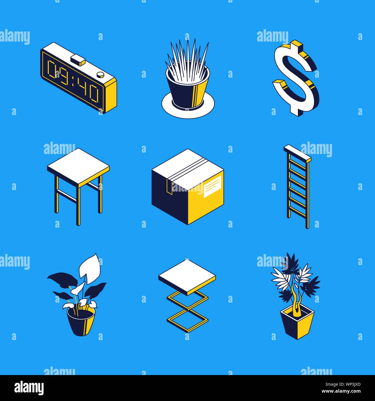 Tägliche Routine - bunte Vektor isometrische Symbole gesetzt. Wecker, Zeit und Geld Idee, Dollar, Zeichen 3d-dünne Linie Objekte. Pflanzen, Stühle. Cont Stock Vektor